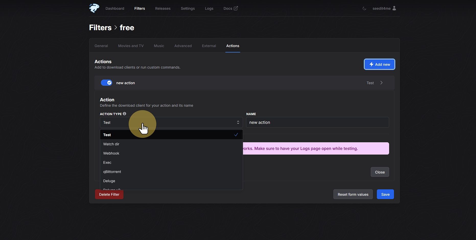 Click "ACTION TYPE Test"