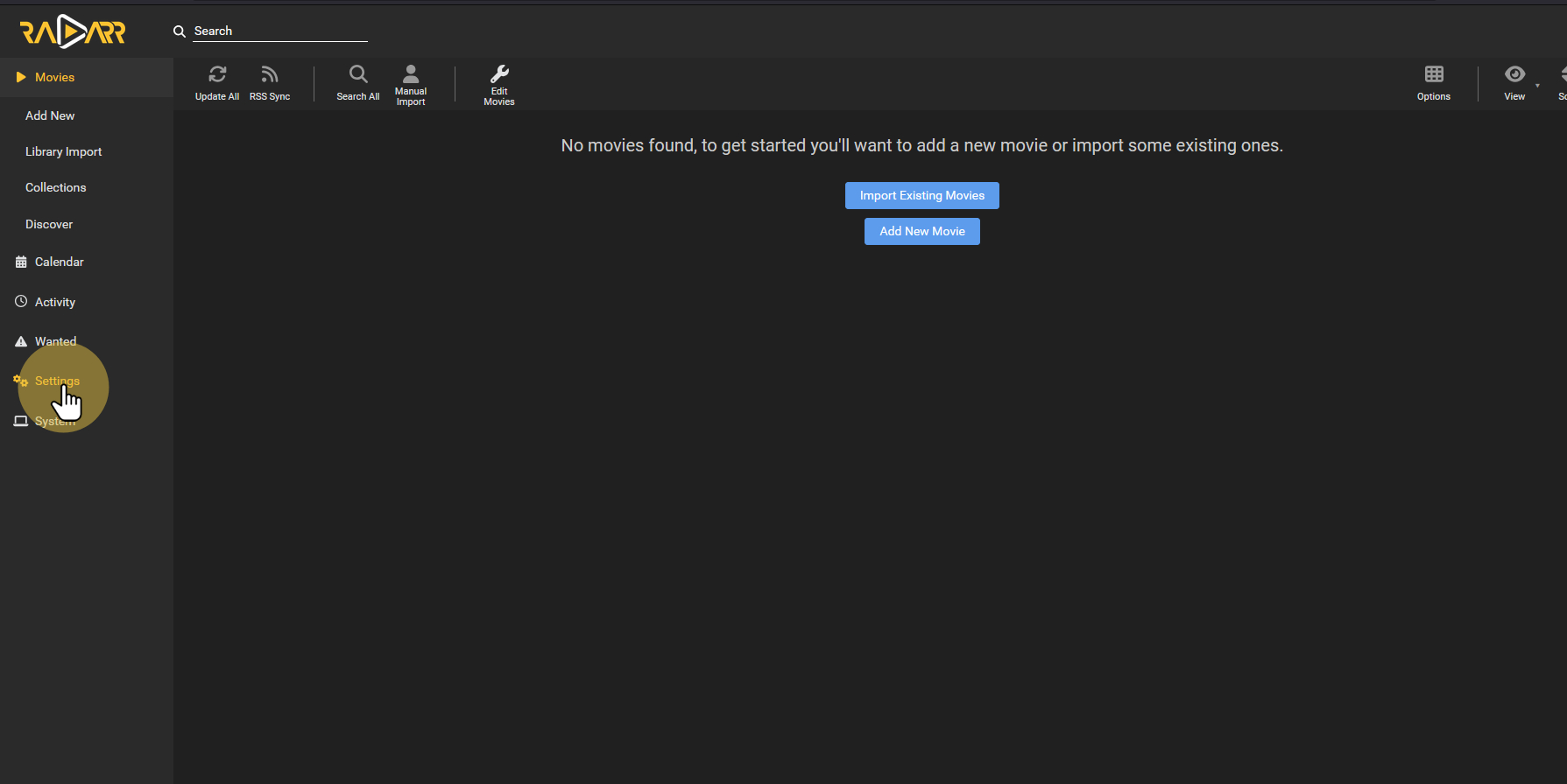 Go back to Radarr click settings